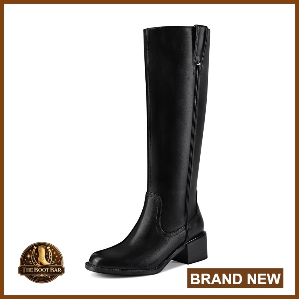 Women's Knee High Boots Chunky Low Block Heel Faux Leather Side Zip